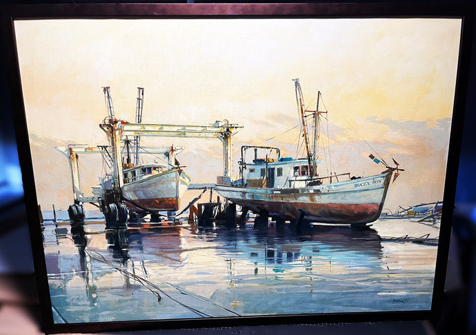 Al Barnes Two Drydocked Ladies Original Oil Painting 1969 On Canvas - Brand New Super Custom Sporting Frame