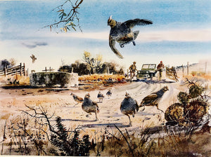 Clay McGaughy Loafers - Lithograph Year 1972 Blue Scaled Quail - Package Deal For Casey - Brand New Super Custom Sporting Frame And Reframe Second Clay McGaughy Print For College Station Delivery