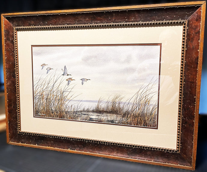 Herb Booth Winding Original Watercolor Painting Half Sheet - Greenhead Mallards In Flight - Brand New Super Custom Sporting Frame