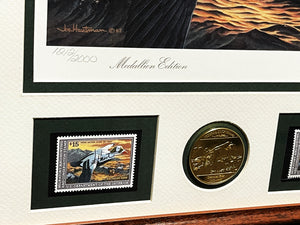 Joe Hautman 1992 Federal Duck Stamp Print Medallion Edition With Double Stamps - Brand New Custom Sporting Frame