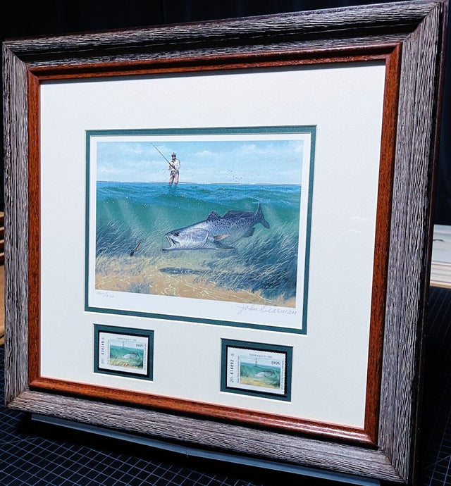 John Dearman 1995 Texas Saltwater Stamp Print With Double Stamps - Brand New Super Custom Sporting Frame