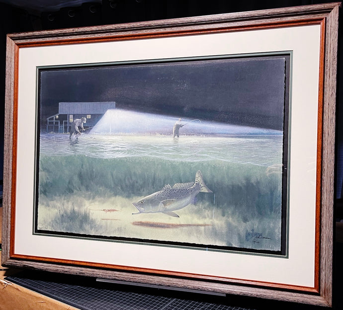 John Dearman Night Fishing GiClee Full Sheet - Fishing Specks Under The Lights - Brand New Super Custom Sporting Frame