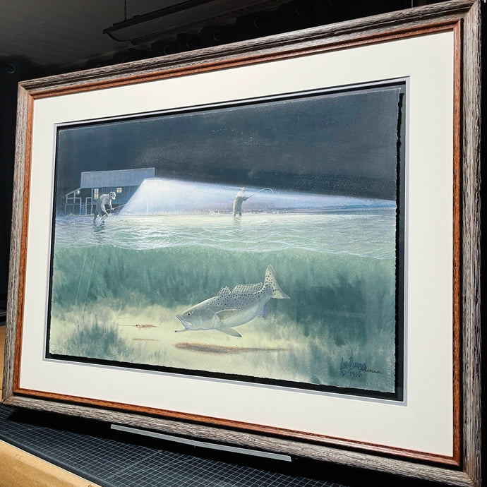 John Dearman Night Fishing GiClee Half Sheet - Fishing Specks Under The Lights - Brand New Super Custom Sporting Frame