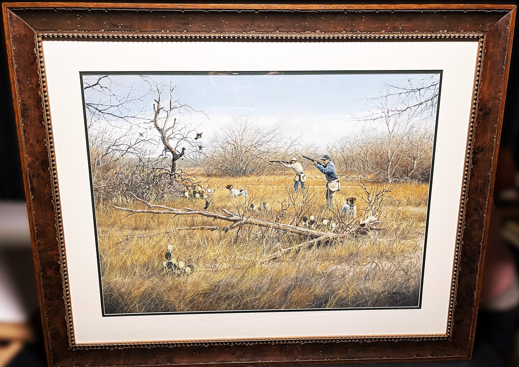 John Dearman Texas Quail Hunt 1997 Original Watercolor Painting Full Sheet - Brand New Super Custom Frame