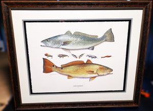 John Dearman Recuerdos GiClee 3/4 Sheet Speckled Trout, Red & Lures - Brand New Super Custom Sporting Frame  ***  CHRISTMAS SPECIAL  ***