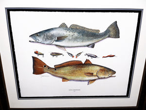 John Dearman Recuerdos GiClee 3/4 Sheet Speckled Trout, Red & Lures - Brand New Super Custom Sporting Frame  ***  CHRISTMAS SPECIAL  ***