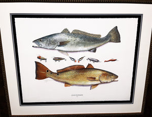 John Dearman Recuerdos GiClee 3/4 Sheet Speckled Trout, Red & Lures - Brand New Custom Sporting Frame  ***  SUMMER SPECIAL  ***