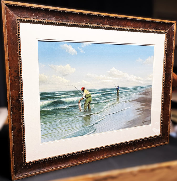 John Dearman Red Surf Fishing 1986 Original Watercolor Painting Full Sheet - Super Custom Framed