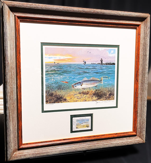 John P. Cowan 1989 Texas Saltwater Stamp Print With Stamp - Brand New Custom Sporting Frame