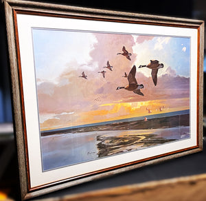 John P. Cowan The Island Lithograph Print - Special Oversize Edition - Classic Canada Goose Scene Published and Printed 1995 - Mint Condition - Brand New Custom Sporting Frame