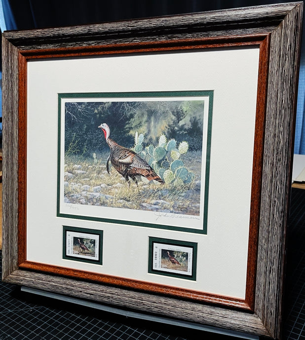 John Dearman 1997 Texas Wild Turkey Stamp Print With Double Stamps - Brand New Super Custom Sporting Frame