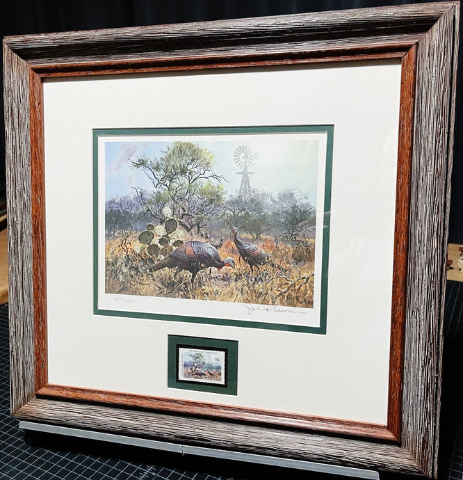 John P. Cowan 1985 Texas Wild Turkey Stamp Print With Stamp - Brand New Custom Sporting Frame