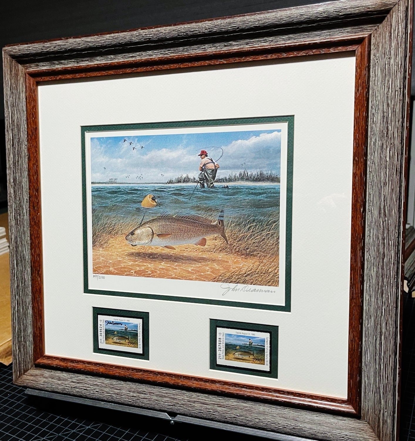 John Dearman 1990 Texas Saltwater Stamp Print With Double Stamps - Brand New Super Custom Sporting Frame