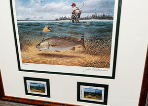 John Dearman 1990 Texas Saltwater Stamp Print With Double Stamps - Brand New Super Custom Sporting Frame