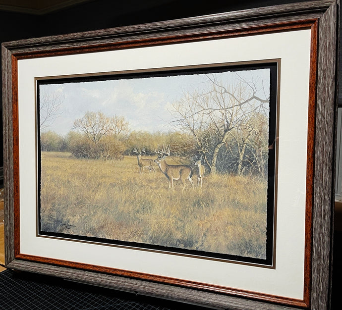 John Dearman Two Bucks And Doe GiClee Half Sheet - Year 2019 - Brand New Super Custom Sporting Frame