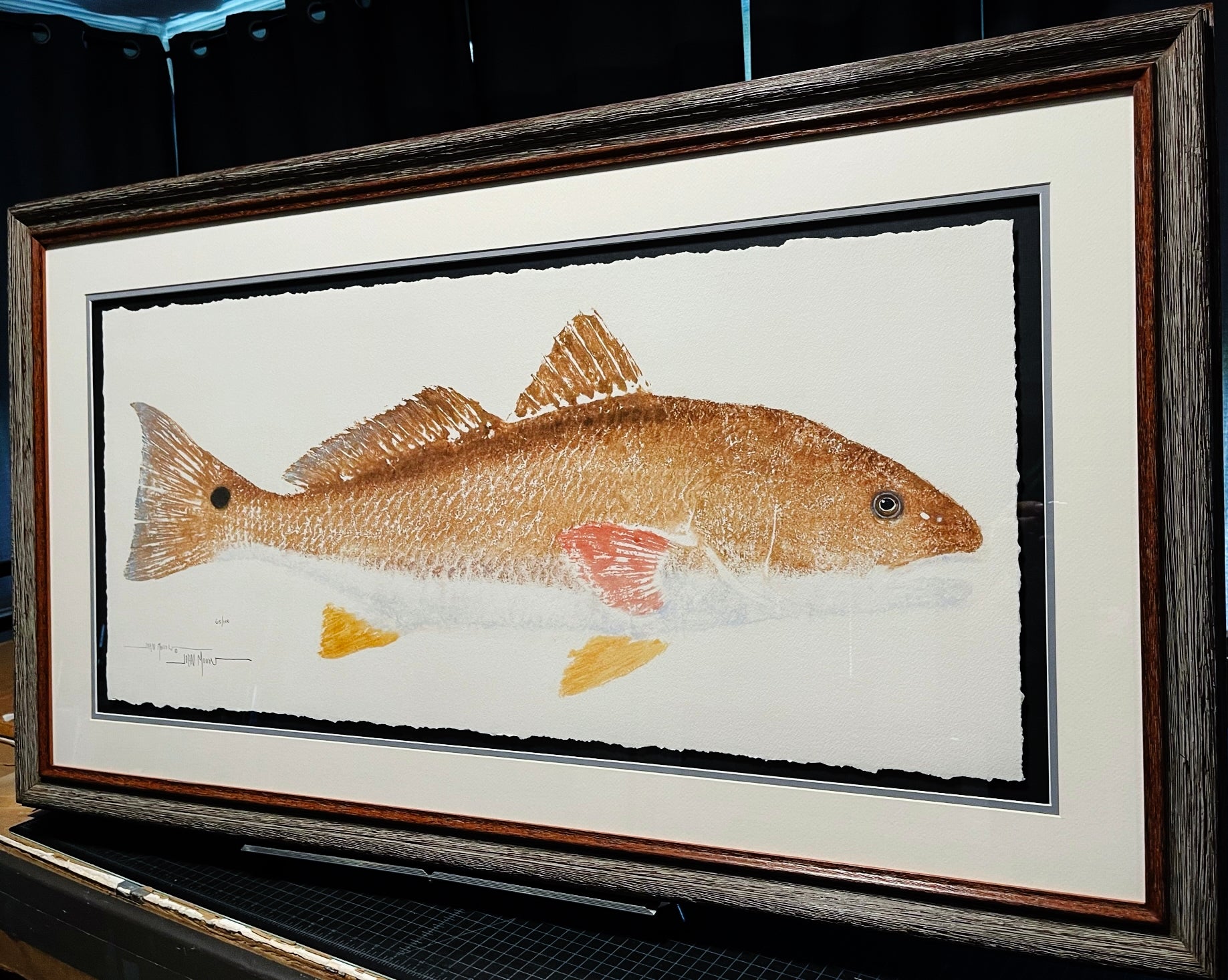 John Morrow Bull Redfish Gyotaku GiClee - Brand New Super Custom Sporting Frame