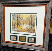 Load image into Gallery viewer, John P. Cowan 1986 Arkansas Duck Stamp Print Special Edition Gold Medallion With Double Stamps - Brand New Custom Sporting Frame