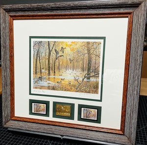 John P. Cowan 1986 Arkansas Duck Stamp Print Special Edition Gold Medallion With Double Stamps - Brand New Custom Sporting Frame