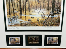 Load image into Gallery viewer, John P. Cowan 1986 Arkansas Duck Stamp Print Special Edition Gold Medallion With Double Stamps - Brand New Custom Sporting Frame