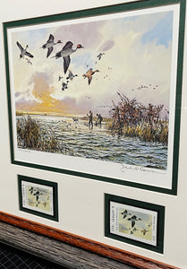 John P. Cowan 1988 Texas Waterfowl Duck Stamp Print With Double Stamps - Brand New Custom Sporting Frame