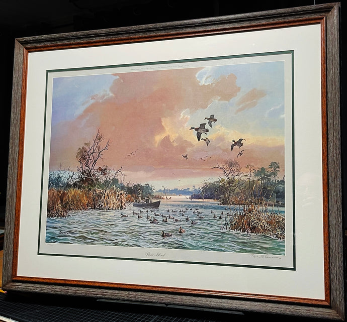 John P. Cowan Boat Blind Lithograph Year 1975 - Brand New Custom Sporting Frame.