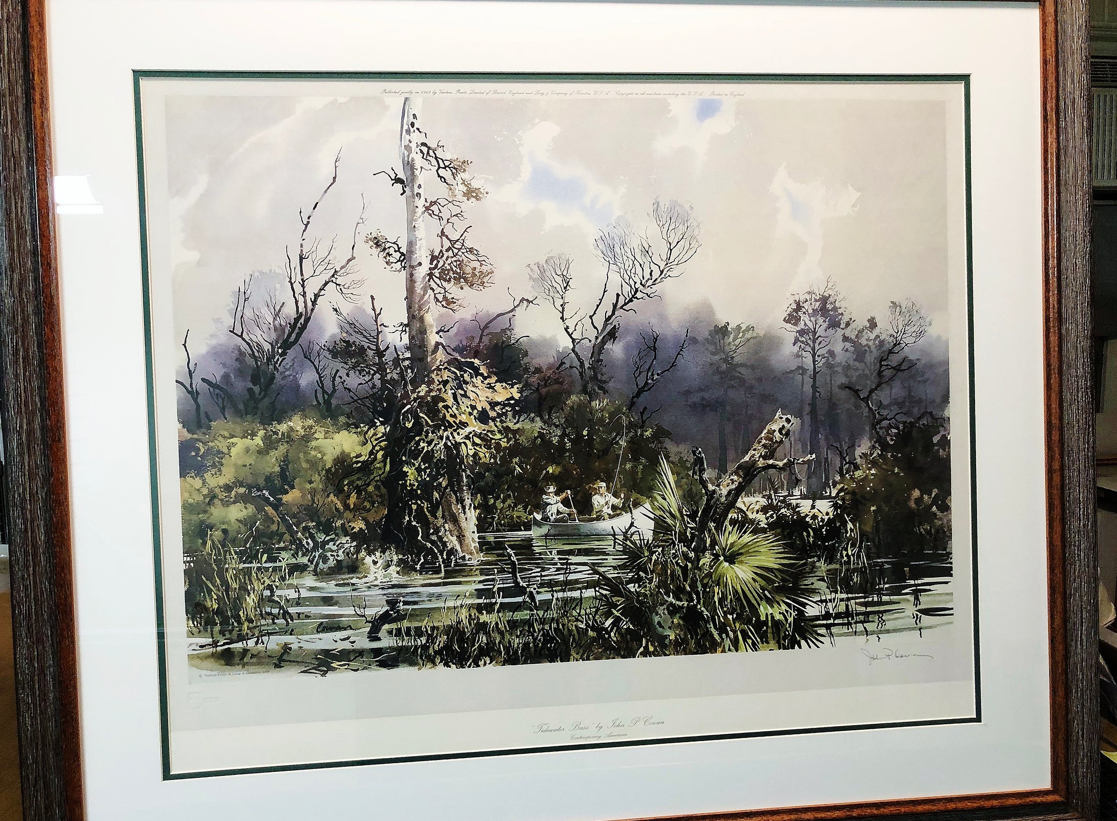 John P. Cowan Tidewater Bass Lithograph Year 1969 - Brand New Custom Sporting Frame