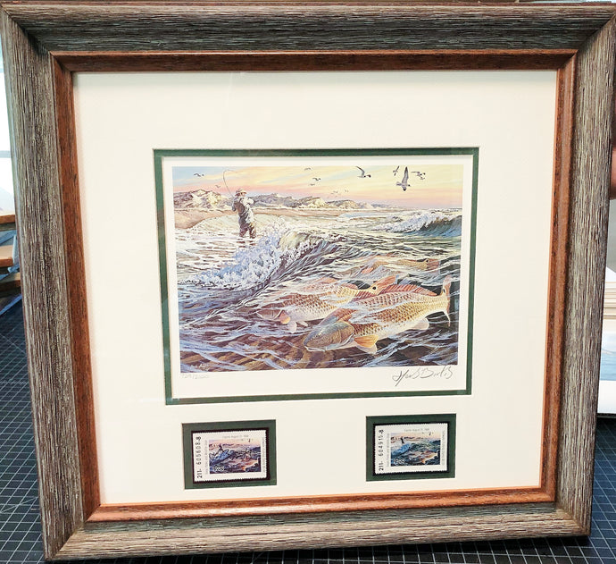 Herb Booth 1988 Texas Saltwater Stamp Print With Double Stamps - Brand New Super Custom Sporting Frame