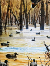 Load image into Gallery viewer, John P. Cowan 1986 Arkansas Duck Stamp Print Special Edition Gold Medallion With Double Stamps - Brand New Custom Sporting Frame