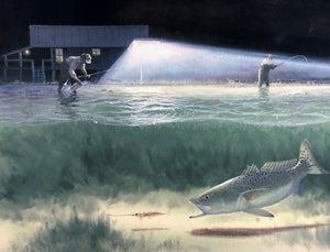 John Dearman Night Fishing GiClee Full Sheet - Fishing Specks Under The Lights - Brand New Custom Sporting Frame
